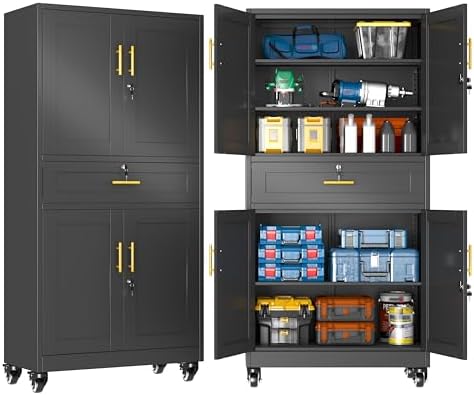 GAIOUS 74” Tall Metal Garage Storage Cabinet with Wheels and Drawer, Steel File Cabinet for Home Office, Tool Cabinet with 4 Locking Doors and 3 Adjustable Shelves, Rolling Cabinet for Garage-Black