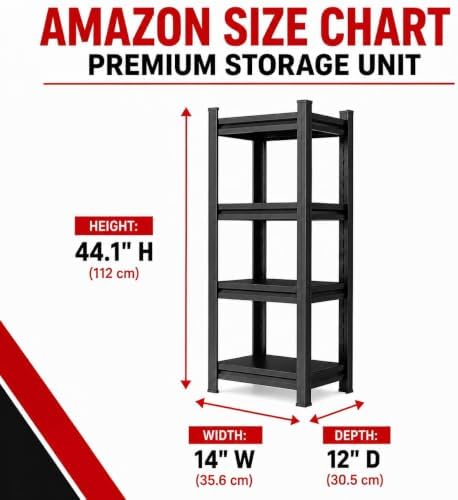 Garage Shelving, 2400 LBS Heavy Duty Metal Storage Shelves, 4-Tier Adjustable Storage Rack for Garage, Warehouse, Basement, 14" Wx 12" Dx 44.1" H