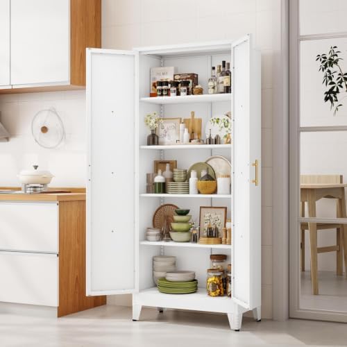 71" Metal Kitchen Pantry Storage Cabinet with 2 Doors and 4 Adjustable Shelves,White Farmhouse Pantry Cabinet,Steel Garage Tool Cabinet Freestanding Cupboard for Kitchen,Dinning Living Room
