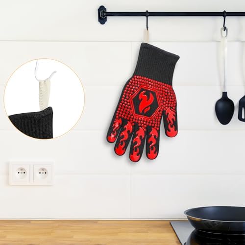 QUWIN BBQ Gloves, BBQ Accessories 1472℉ Extreme Heat Resistant, Grilling Gloves Silicone Non-Slip Oven Mitts, Kitchen Gloves for BBQ, Grilling, Cooking, Baking-1 Pair… (One Size Fits Most, Red)