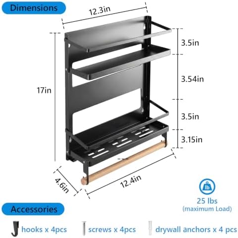2-Tier Magnetic Shelves, Large Capacity Metal Heavy Duty Magnetic Shelf Organizer with Towel Bar, Heavy Duty Rack Organizer with 10 Hooks for Garage, Kitchen, Bathroom, Laundry
