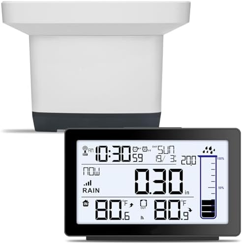 Wireless Rain Gauge Outdoor, Self-Emptying Digital Rain Gauges Outdoors Best Rated, Electronic Rain Measure Gauge for Garden, Freeze Proof Rain Gauge with Thermometer, Remote Rain Meter for Yard
