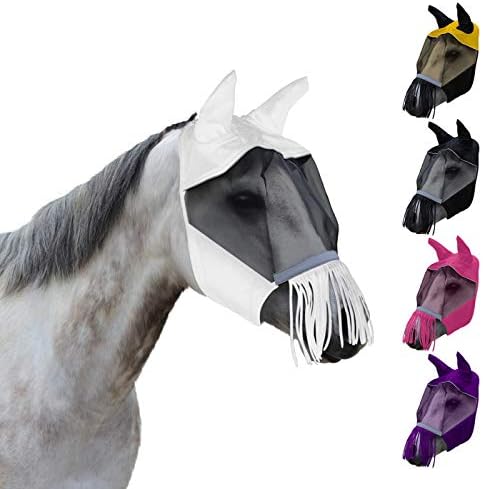 Derby Originals Patriotic Reflective Safety Horse Fly Mask with Ears and Nose Cover Fringes with 1 Year Warranty (White, (Small (Pony))