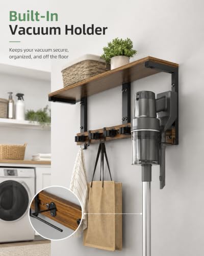 Broom and Mop Holder Wall Mount, 27" Large Organizer with Wood Shelf
