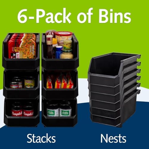 Akro-Mils ReadySpace Large Stackable Plastic Storage Bins, 6-Pack, Black