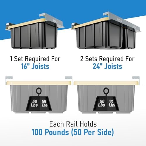 USA Based Overhead Garage Storage Rack, Connectable Heavy Duty Metal Ceiling Rails Garage Storage Organization Shelving System, Hanging Racks Tote Containers, Supports Up To 3 Bins, 2 Sets Gray