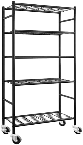Sakugi 5-Tier Storage Shelves 33.1" x12.6" x73.5" Black with Wheels