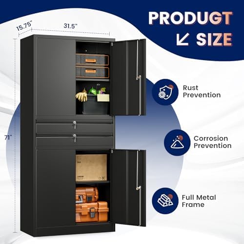 Yizosh Metal Garage Storage Cabinet with Locking Doors and Adjustable Shelves, 71" Tool Storage Cabinet with 2 Drawer for Garage,Warehouse