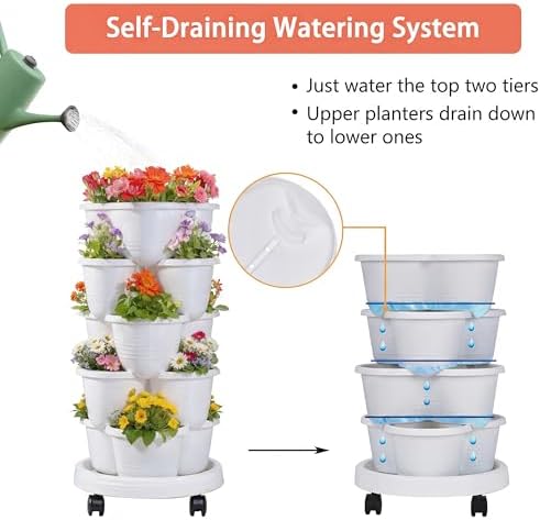 VECELO 5 Tier Vertical Garden Planter, Self Watering Stackable Planters with Wheels for Strawberries, Herbs, Flowers, Vegetables, White