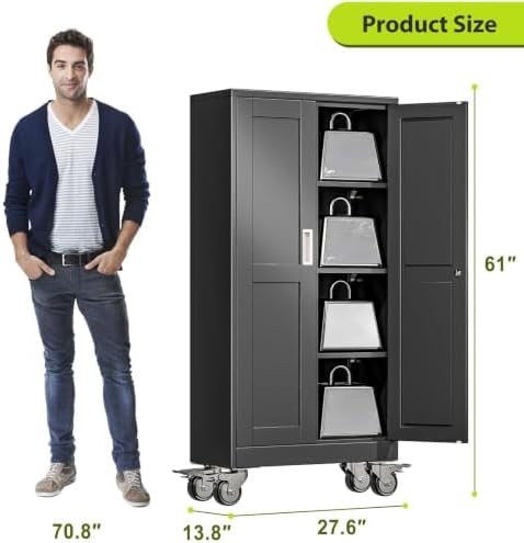 61-Inch Metal Garage Storage Cabinet with Wheels, Locking Doors and Shelves