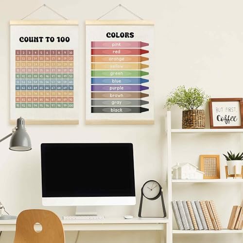 TLESKE 1-100 Numbers Hundreds Colors Chart Poster Hanger Frame for Toddler Kid Classroom Set of 2, Homeschool Hanging Wall Art Decor for Nursery Playroom, Preschool Learning Educational Poster, 16x24