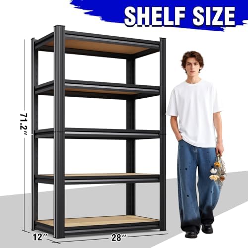 71"H Heavy Duty Garage Shelving - 1900 LBS Capacity 5-Tier Metal Storage Shelves, 71"H x 28"W x 12"D Adjustable Steel Utility Rack, Compact Storage Shelf for Pantry, Closet, Basement, Shed - Black