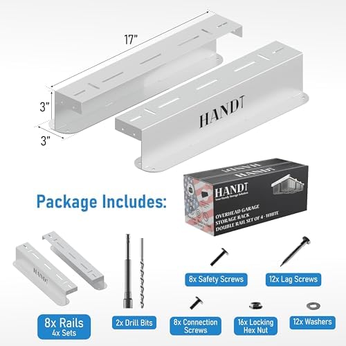 USA Based Overhead Garage Storage Rack, Connectable Heavy Duty Metal Ceiling Rails Garage Storage Organization Shelving System, Hanging Racks Tote Containers, Supports Up To 6 Bins, 4 Sets White