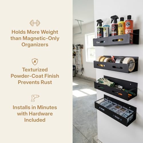 Wall-Mounted Metal Storage Rack 4-Pack - Garage and Workshop Organizer for Tools, Hardware, Cleaning Supplies - Black Texturized Powder-Coat
