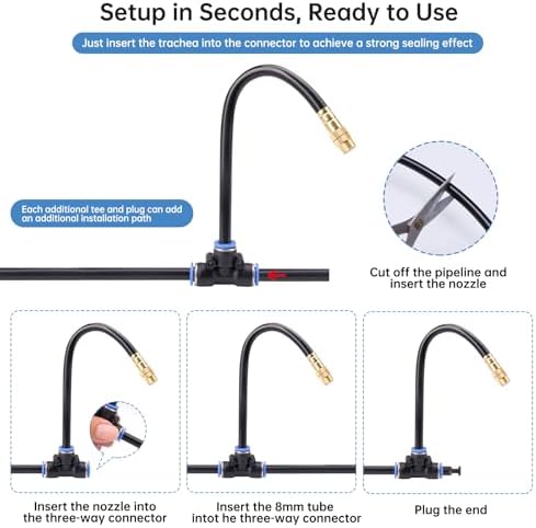 360° Automatic Drip Irrigation Kit - 5/16'' Tubing, Adjustable Universal Spray Nozzle, Copper Atomizing System for Garden/Lawn/Greenhouse - Multi-Directional Rotation, Quick Connectors, 82FT