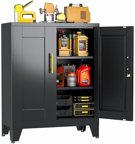 Small Metal Storage Cabinet, Lockable Tool Cabinet with Doors and 2 Shelves