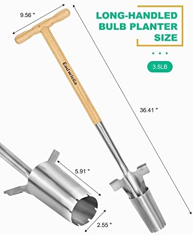 Long Handle Bulb & Grass Plug Planter, Pro Plugger with Depth Marker & Sharp Teeth, Solid Wood Handle