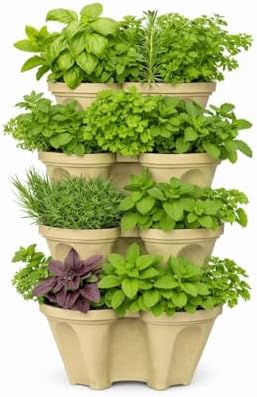 Stackable Vertical Planter Tower, 4 Tier Strawberry Planter,16 Plant Sites, Space Saving Garden Planter for Vegetables & Herbs, Indoor Outdoor, Made in USA (Desert Sand)