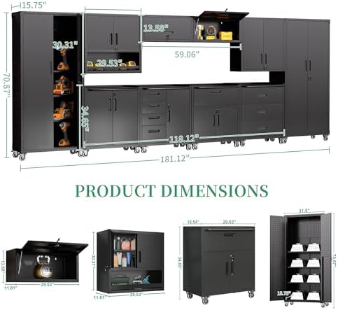 10-Piece Heavy Duty Steel Garage Cabinet System | All-in-One Modular Garage Cabinet Set for Ultimate Workshop Organization | Easy Assembly Garage Storage Cabinets & Tool Bench (Black)