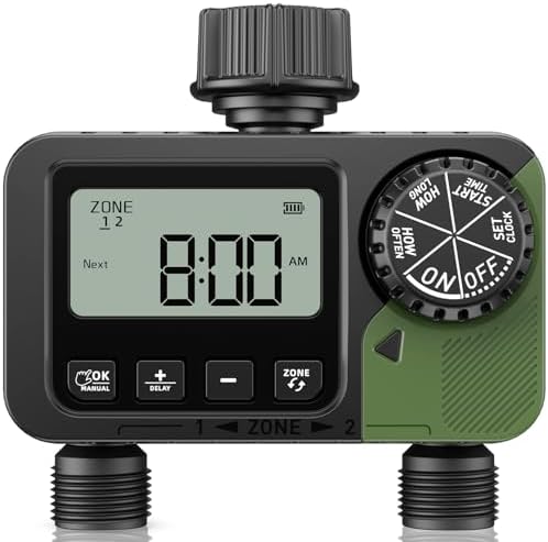 Sprinkler Timer 2 Outlets, Programmable Water Hose Timer with Rain Delay/Manual/Automatic Watering System, Outdoor Digital Auto Irrigation for Garden Yard Lawn with Large Display(Black+Olive Green)