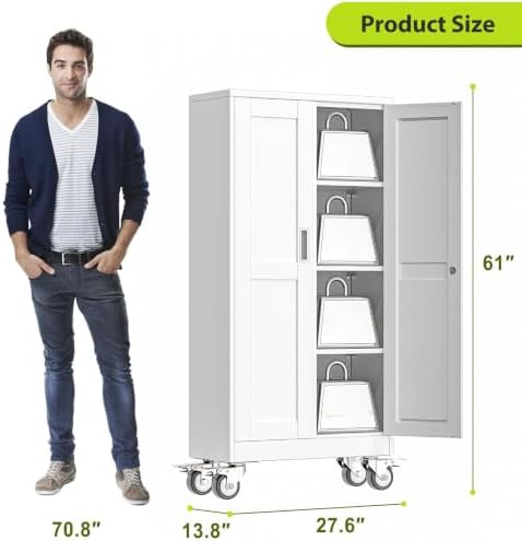 61-Inch Metal Garage Storage Cabinet with Wheels, Locking Doors and Shelves