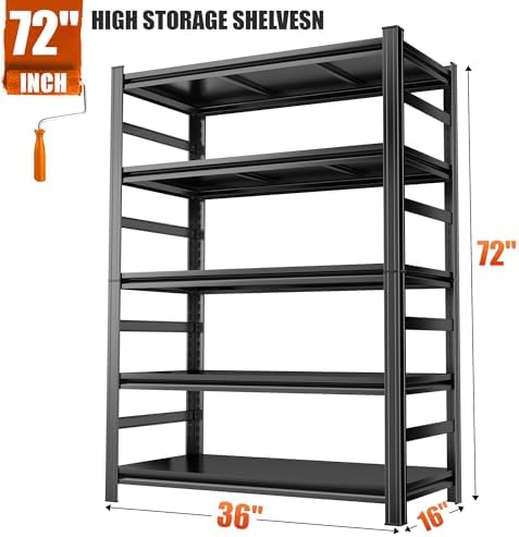 2pack Garage Shelving Heavy Duty Storage Shelves for Garage, 2500 LBS Adjustable 5 Tier Shelving Unit, Metal Garage Shelving for Industrial, Basement, Warehouse (72''Hx36''Wx16''D, Black)