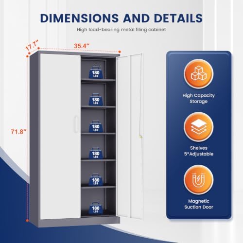 Yizosh Metal Storage Cabinet with 2 Locking Doors and 5 Adjustable Shelves, 72" Garage Storage Cabinet Steel Lockable for Office,Home,Garage