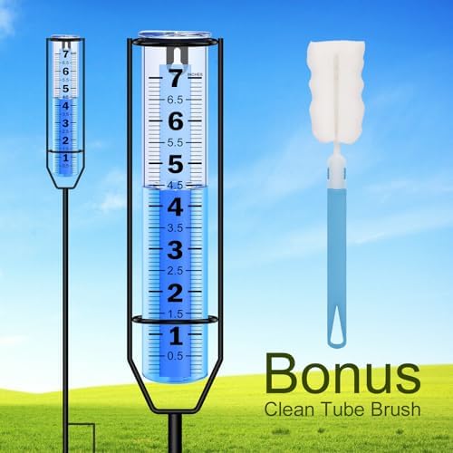 Rain Gauge Upgraded, 7" Freeze Proof Thickened Rain Gauge Outdoor Best Rated, Large Clear Numbers and Adjustable Height Rain Measuring Tool for Garden, Yard, Lawn, Patio, and Farm Use
