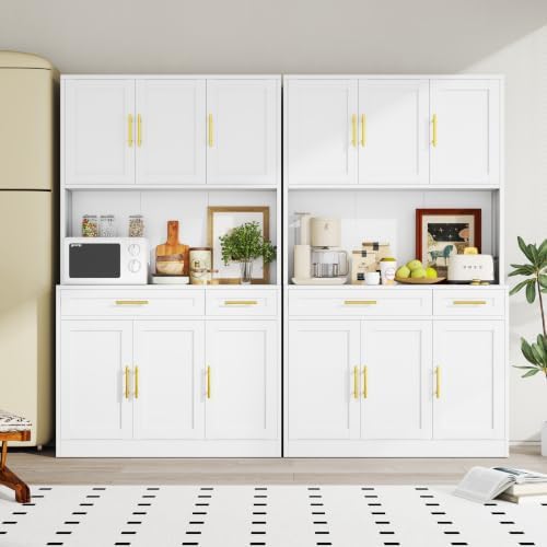 71"Large Metal Pantry Storage Cabinet with 2 Drawers,Farmhouse Wide Kitchen Pantry Storage with Adjustable Shelves,Tall Kitchen Hutch with Countertop for Dining Room and Living Room,Home Office,White