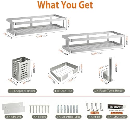 PUSDON 5-in-1 Shower Caddy & Kitchen Organizer Set, Wall Mount Wide Spice Rack with Paper Towel Holder, Utensil Holder, Soap Dish, Rustproof Mesh Baskets Hold 50LBS - Silver Gray, Guardrail