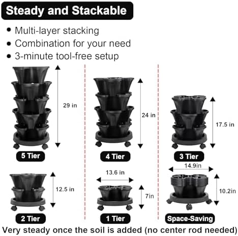 GameXcel Vertical Planter Tower - 5 Tier Stackable Garden Planters with Wheels and Tools Plant Pots for Strawberry Herb Flower and Vegetable Indoor Outdoor Use Black