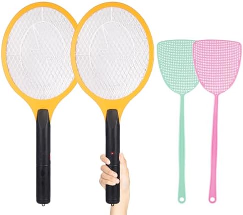 Electric Fly Swatter Bug Zapper Zap Mosquito with 2-Pack Plastic Fly Swatter- Indoor Outdoor Zapping Racket for Pest - Safe to Touch with 3-Layer Safety Mesh