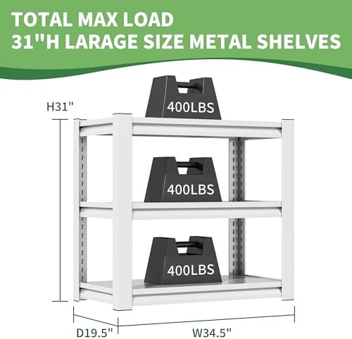 Garage Adjustable Storage Shelves, 3 Tier, Heavy Duty, 31" H*34.5" W*19.5" D, White