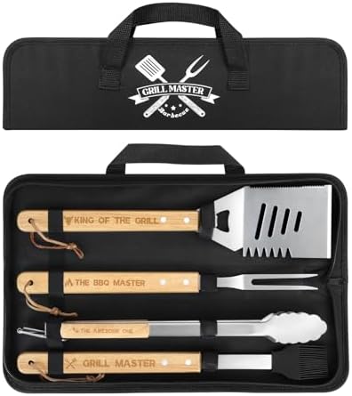 4PCS Grilling Accessories BBQ Tools - Stainless Steel Grill Set with Tongs, Fork, Spatula, Brush, Carrying Bag, Birthday for Men, Father, Husband