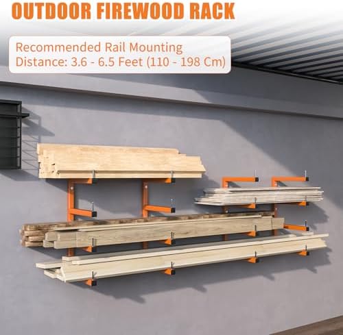 4-Pack Lumber Storage Rack, Wood Storage Racks Wall Mount, Heavy Duty Garage Wood Organizer With 8-Level System, Orange Utility Rack Organization Up 1600 Lbs, Metal Lumber Shelf for Indoor & Outdoor