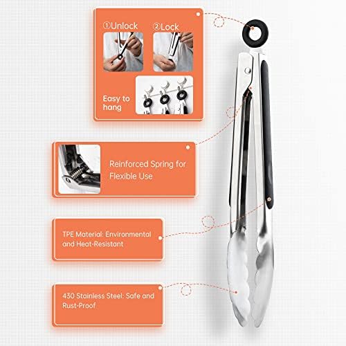 9 & 12 Inch Kitchen Tongs, Stainless Steel Metal Cooking Tongs (9"+12")