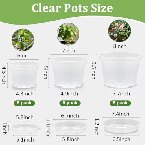 RooTrimmer 15 Pack 8/7/6 Inch Clear Nursery Pots with Saucer, Transparent Plastic Plant Pot with Drainage Hole, Sturdy Planting Starter Pots for Gardening Flower Herb Vegetable