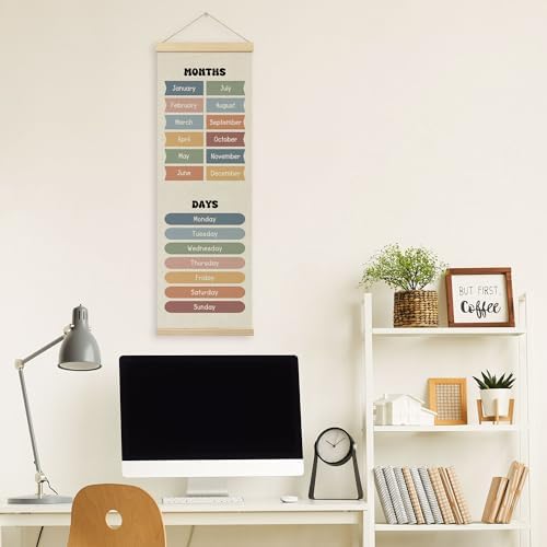 TLESKE Months of the Year Days of the Week Classroom Wall Art Poster, Educational Wall Decor Hanging Poster with Hanger Frame for Classroom, Toddlers Kids Wall Prints Picture Framed Banner, 12x35