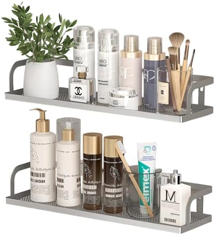 PUSDON 2-Pack 16.5" Extra Long Slim Hollowout Shower Caddy, Wall Mount Spice Rack & Bathroom Organizer, Mesh Bottom Cabinet Door Shelf Holds 50LBS - Silver Gray, Hollowout