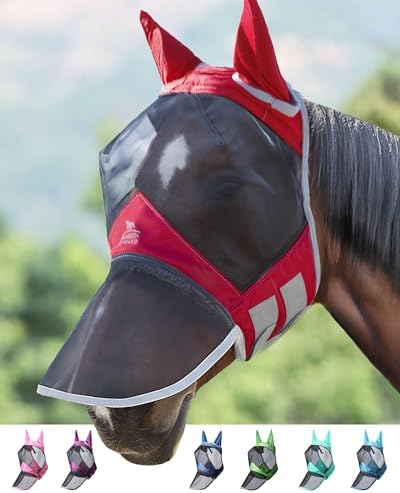 Harrison Howard CareMaster Pro Luminous Horse Fly Mask Large Eye Space Long Nose with Ears UV Protection for Horse Red Full Size