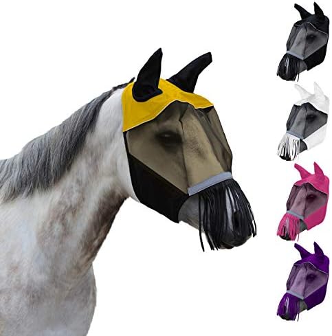Derby Originals Patriotic Reflective Safety Horse Fly Mask with Ears and Nose Cover Fringes with 1 Year Warranty (Yellow (X-Small (Mini Horse))
