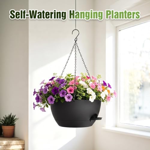 13 Inch Large Self Watering Hanging Planters 2 Pack with Saucers