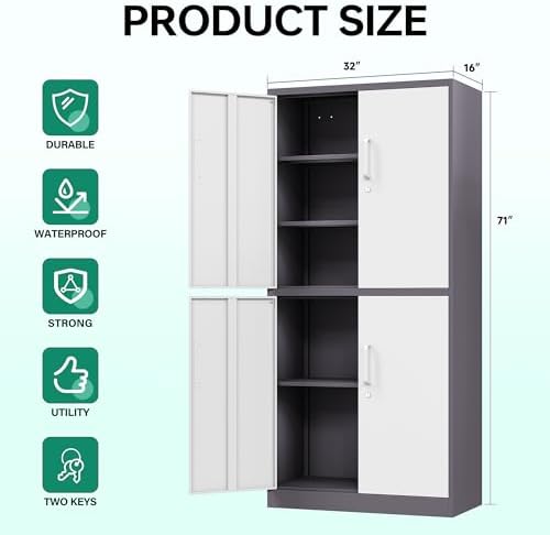 Letaya Metal Storage Cabinet with Lock Door, Adjustable Shelf Steel Cabinets for Office, Home,Pantry,Kitchen,Garage Utility Cabinet (4 Door-White&Gray)