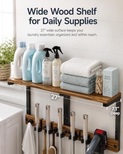 Broom and Mop Holder Wall Mount, 27" Large Organizer with Wood Shelf