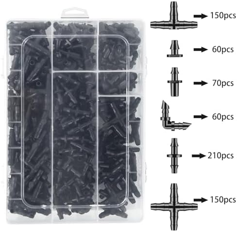 Unoutur 600 Pcs Barbed Connectors Drip Irrigation Fittings Kit, 1/4" Drip Irrigation Kit for Garden Flower Pot Greenhouse Lawn (Straight Barbs,Single Barbs,Tees,Elbows,End Plug,4-Way Coupling)