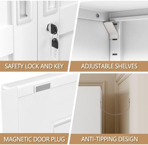 47" H Metal Pantry Storage Locker Cabinet with Wheels,Rolling Kitchen Pantry Cabinet with 2 Doors and 3 Adjustable Shelves, Lockable Steel Garage Tool Cabinet Organization for Home,Gym,School,White