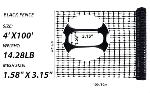 PotatoLife 4'x100' Plastic Mesh Fence Extra Strength with Zip Ties, Black