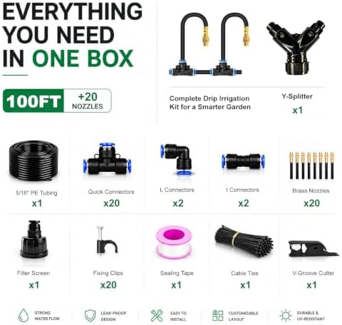 5/16" Drip Irrigation System 100 ft for with 20-Pcs 360° Adjustable Copper Nozzles for Garden, Automatic Misting Watering Sprinkler System Raised Beds, Greenhouse (100ft+20 nozzles)