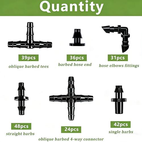 Dianrui 220 PCS Drip Irrigation Kit, Drip Irrigation Parts 1/4'' Tubing Fittings Kit for Garden Lawn Flower Sprinkler Systems-End Plug/ 4-Way Connector/Single barbs/Straight Barbs/Oblique Barbed Tees