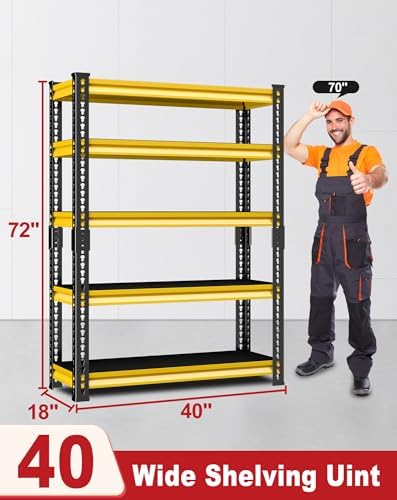 Garage Shelving Heavy Duty, 2200 Lbs Loads Garage Storage Shelves Heavy Duty, 5-Tier Metal Shelving Units and Storage for Basement, Retiple Tanks,40''Wx18 Dx72 H,Yellow